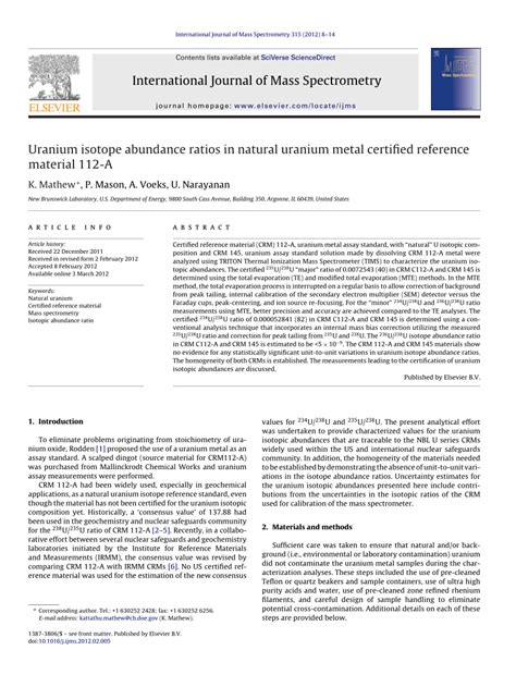 (PDF) Uranium isotope abundance ratios in natural uranium metal ...