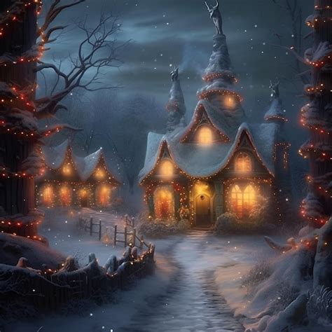 Premium AI Image | A snowy scene with a snowy village and christmas lights.