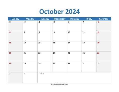 October 2024 Printable Calendar with Holidays