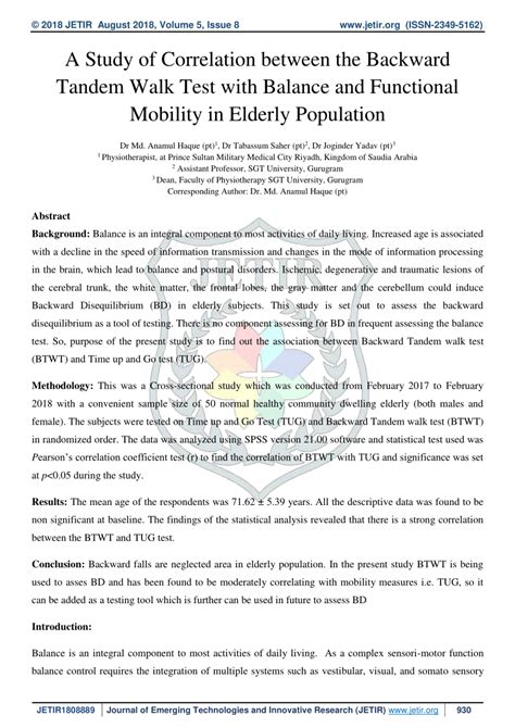 (PDF) A Study of Correlation between the Backward Tandem Walk Test with Balance and Functional ...