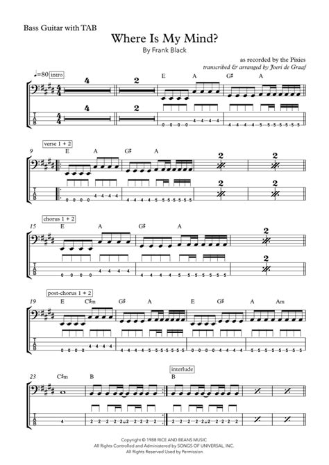 Where Is My Mind? (arr. Joeri de Graaf) par Pixies Partitions pour Tablature Basse sur Sheet ...