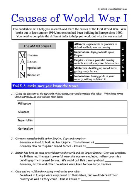 Causes of World War I (Lower Ability) Worksheet | GCSE Level