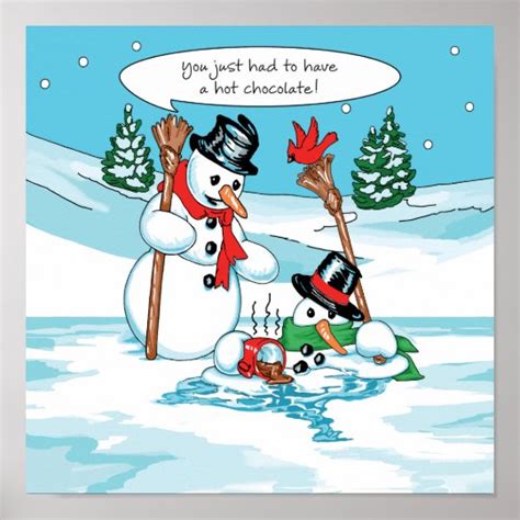 Funny Snowman with Hot Chocolate Cartoon Poster | Zazzle.com