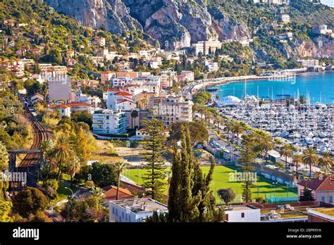 Town of Menton bay and French Italian border on Mediterranean coast view, southern France and ...