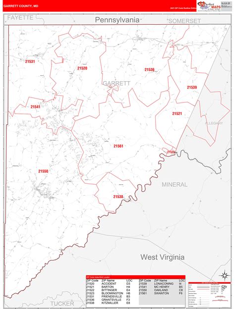 Garrett County, MD Zip Code Wall Map Red Line Style by MarketMAPS ...