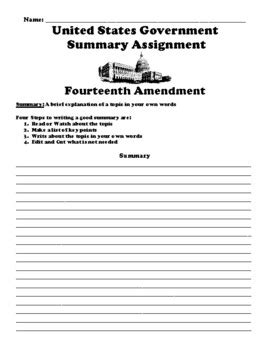 Fourteenth Amendment Summary Assignment by SouthEast Education | TpT