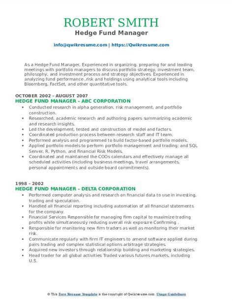 Hedge Fund Manager Resume Samples | QwikResume