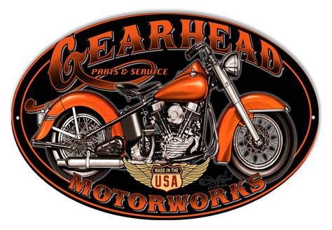 Gearhead Motorworks Motorcycle Metal Sign By Steve McDonald 9x14 Oval - Reproduction Vintage Signs