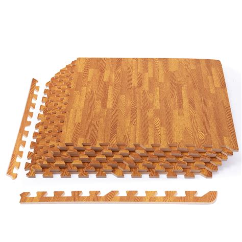 Costway 12PC Wood Grain Interlocking Floor Mats 3/8 Inch Printed Foam Tiles 24 x 24 Inch ...