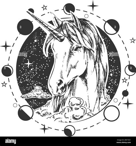 Beautiful unicorn head over cloudy, starry night sky round boho symbol Stock Vector Image & Art ...