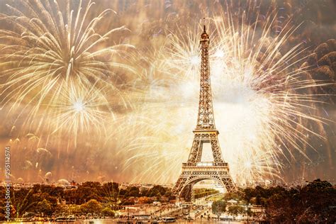 romantic New Year destination Eiffel tower with fireworks Paris, France Stock Photo | Adobe Stock