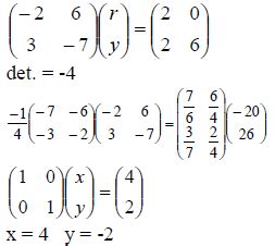 Using matrices solve the following pair of simultaneous equations 6y - 2x + 20 = 0 3x - 7y - 26 = 0