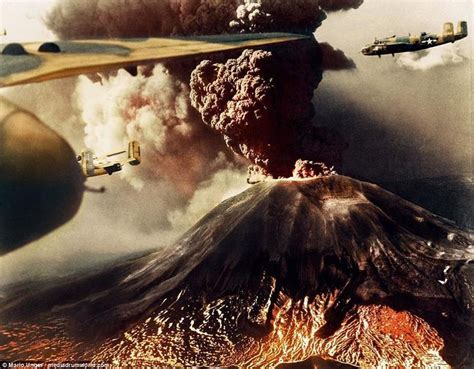 B-25 bombers fly over Mount Vesuvius in Italy while it erupts in March ...