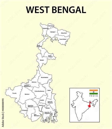 West Bengal map. Political and administrative map of West Bengal with districts name. Showing ...