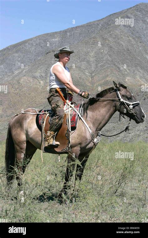 Russian President Vladimir Putin riding the horse at the spurs of the ...