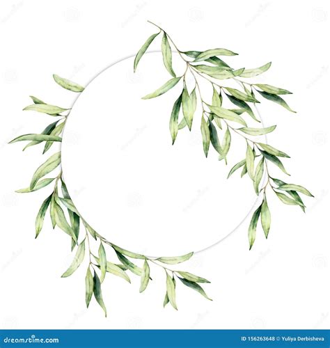 Watercolor Olive Leaves Wreath. Hand Painted Floral Circle Border with ...