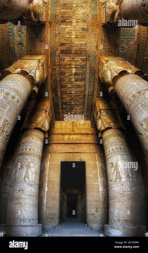 A vertical shot of the ceiling in the Dendera Temple to Hathor, Egypt ...