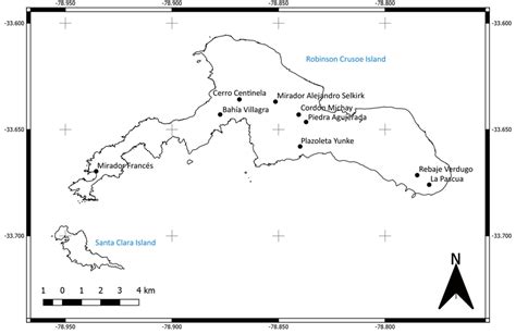 Map of Robinson Crusoe Island showing the nine areas (black dots)... | Download Scientific Diagram