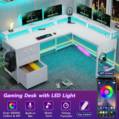 63.8" L Shaped Computer Desk Gaming Desk with LED Light & Fabric File Drawers | eBay