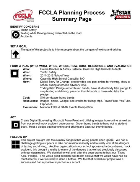 Fccla Planning Process Summary Page