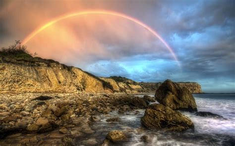 Rainbow, sea, rocks wallpaper | nature and landscape | Wallpaper Better