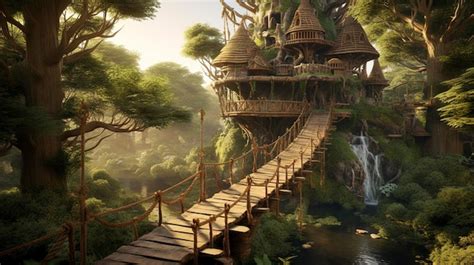 Premium AI Image | A treehouse with a wooden bridge connecting to ...