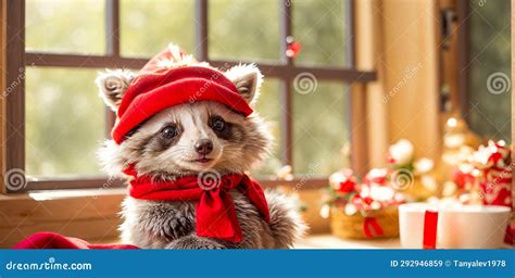 Cartoon Raccoon with Santa Hat Scenery House Funny Design Stock Illustration - Illustration of ...