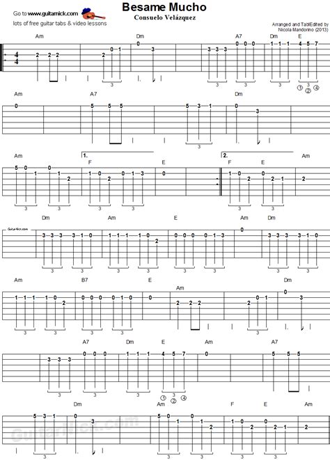 Besame Mucho: easy guitar TAB, chords - GuitarNick.com | Guitar tabs, Easy guitar, Guitar sheet ...