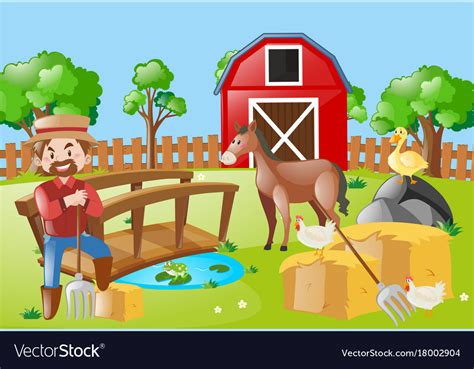 Farmer and animals in the farm field Royalty Free Vector