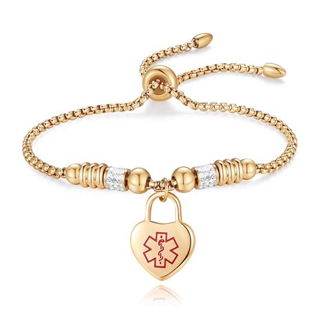 Heart Medical Alert Bracelets for Women Adjustable Slider Box chain M ...