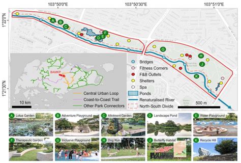 Research area of Bishan-Ang Mo Kio Park with its key park features. The ...