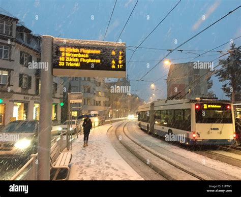 Zürich, Switzerland - 14 Dec 2017: Heavy snowfall in Zurich slows down ...