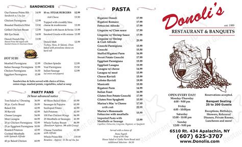 Menu at Donoli's restaurant, Apalachin