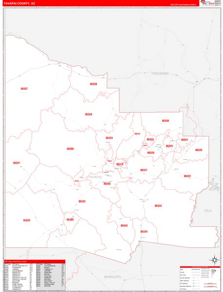 Yavapai County, AZ Zip Code Wall Map Red Line Style by MarketMAPS ...