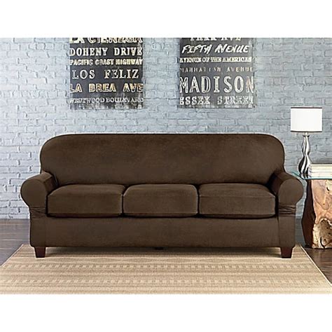 Sure Fit® Vintage Faux Leather Individual Cushion 3-Seat Sofa Slipcover ...