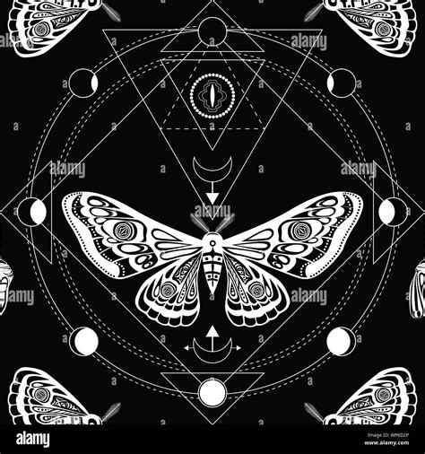 Night moth. Sacred geometry, esoteric symbols. Black and white vector ...