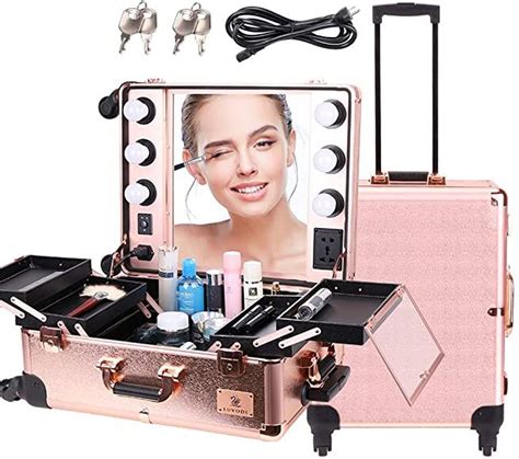 LUVODI Rolling Makeup Case, Professional Vanity Beauty Trolley with Mirror and Dimmable Lights ...