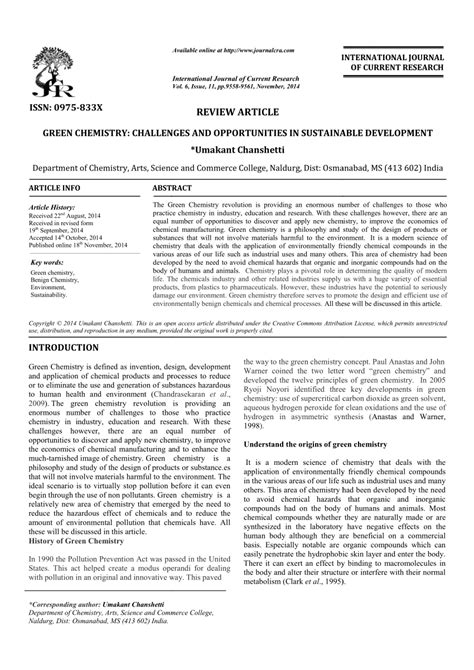 (PDF) GREEN CHEMISTRY: CHALLENGES AND OPPORTUNITIES