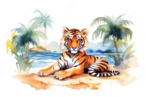 Premium Photo | Cute tiger at the summer beach painted in watercolor on ...