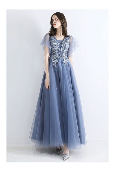 Fairy Dusty Blue Long Tulle Prom Dress With Puffy Tulle Sleeves Embroidery - $139.89 #DWS78037 ...