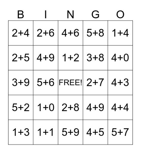 Addition Bingo Card