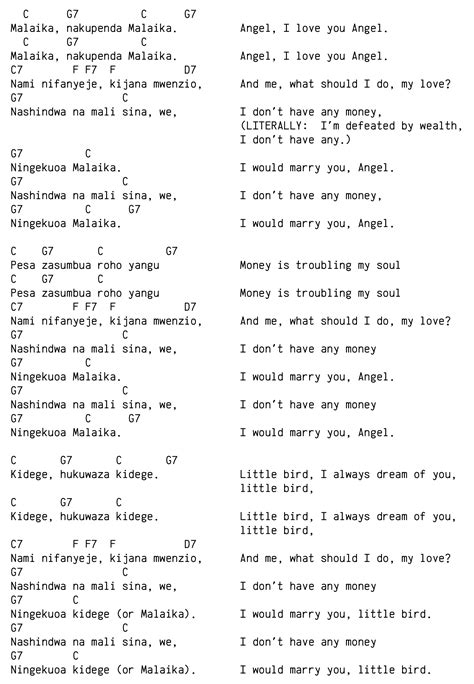Lyrics and chords to "Malaika." - Duolingo