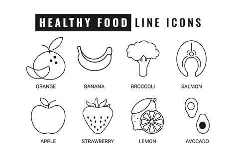 Black Healthy Food Line Icons on white background. Isolated Outline ...