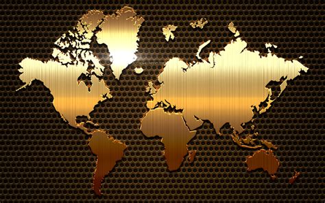 Download wallpapers Gold metal world map, metal mesh, creative art, world map, steel art, gold ...