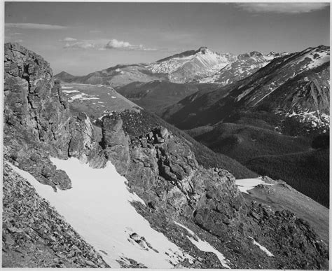 View of barren mountains with snow ''Long's Peak Rocky Mountain National Park'' Colorado. 1933 ...