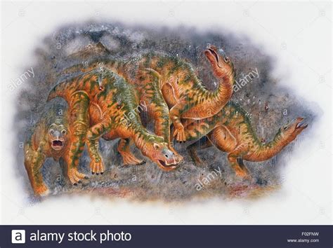 Stock Photo - A group of Hadrosaurus foulkii, Hadrosauridae, under a rain of volcanic ash, Late ...