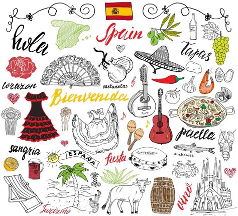 Spain doodles elements. Hand drawn set with spanish food paella, shrimps, olives, grape, fan ...