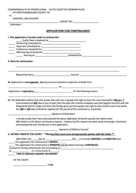 Application For Continuance Form - The Court Of Common Pleas Of Northumberland County, Pa ...