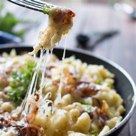 Cheese Spaetzle Recipe with caramelized onions and a crispy crust pan fried. This cheesy ...