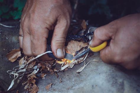 Making A Fire With Flint And Steel Stock Image - Image of survival, technique: 133295745